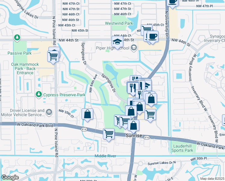 map of restaurants, bars, coffee shops, grocery stores, and more near 8280 Northwest 36th Street in Sunrise