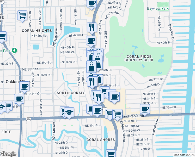 map of restaurants, bars, coffee shops, grocery stores, and more near 3773 North Federal Highway in Fort Lauderdale
