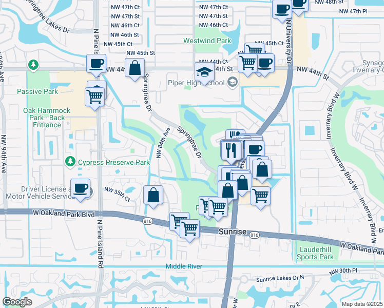 map of restaurants, bars, coffee shops, grocery stores, and more near 3601 Northwest 83rd Avenue in Sunrise