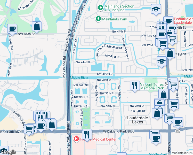 map of restaurants, bars, coffee shops, grocery stores, and more near 4921 Northwest 39th Street in Lauderdale Lakes