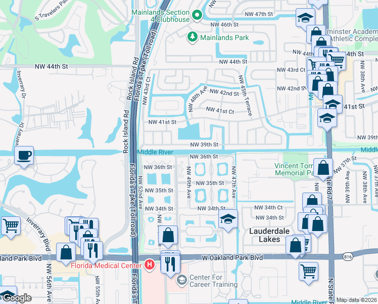 map of restaurants, bars, coffee shops, grocery stores, and more near 4921 Northwest 39th Street in Lauderdale Lakes