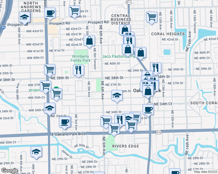 map of restaurants, bars, coffee shops, grocery stores, and more near 699 Northeast 37th Street in Oakland Park