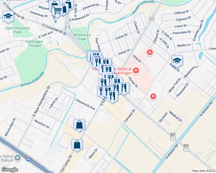 map of restaurants, bars, coffee shops, grocery stores, and more near 1902 S 77 Sunshine Strip in Harlingen