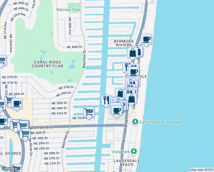 map of restaurants, bars, coffee shops, grocery stores, and more near 111 Northeast 32nd Avenue in Fort Lauderdale