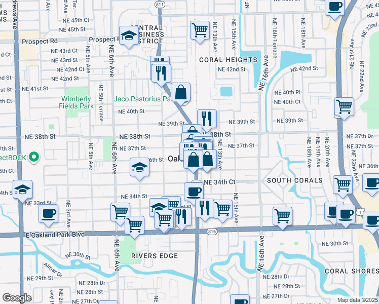 map of restaurants, bars, coffee shops, grocery stores, and more near in Oakland Park