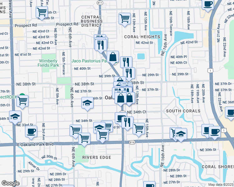 map of restaurants, bars, coffee shops, grocery stores, and more near 1077 Northeast 37th Street in Oakland Park