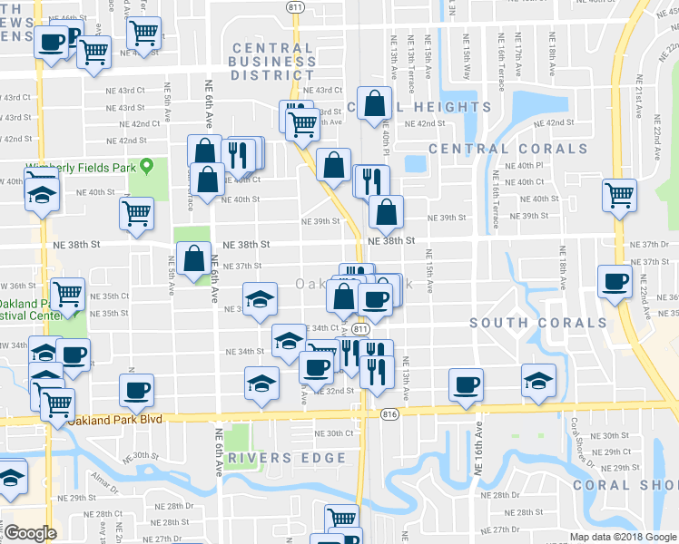 map of restaurants, bars, coffee shops, grocery stores, and more near 1077 Northeast 37th Street in Oakland Park