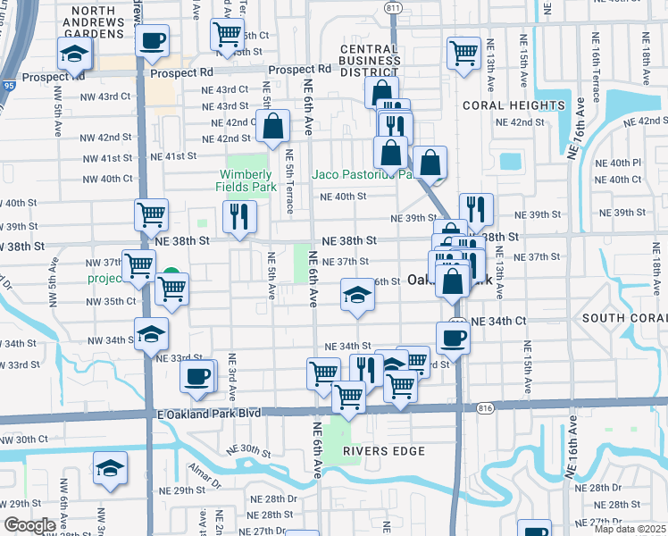 map of restaurants, bars, coffee shops, grocery stores, and more near 699 Northeast 37th Street in Oakland Park