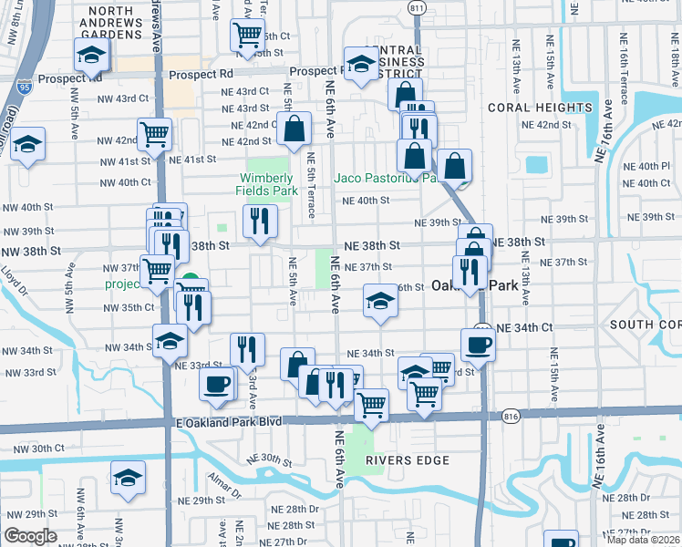 map of restaurants, bars, coffee shops, grocery stores, and more near 600 Northeast 38th Street in Oakland Park