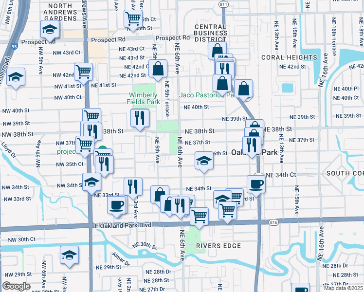map of restaurants, bars, coffee shops, grocery stores, and more near 600 Northeast 38th Street in Oakland Park