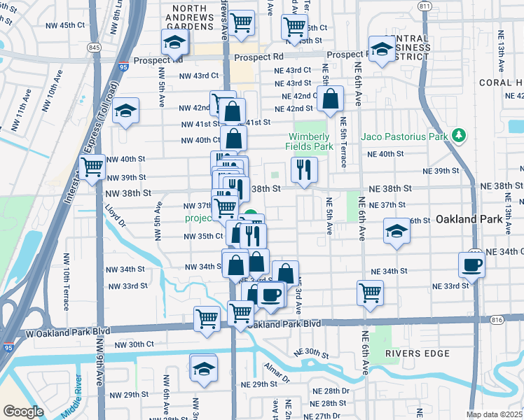 map of restaurants, bars, coffee shops, grocery stores, and more near 150 Northeast 38th Street in Oakland Park