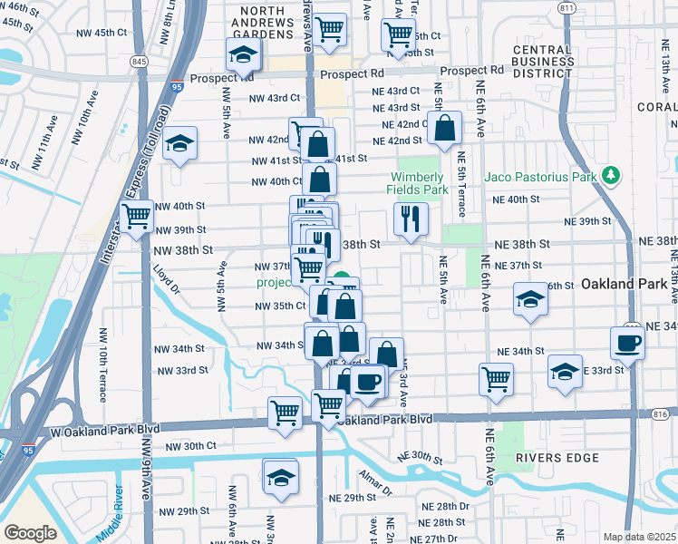 map of restaurants, bars, coffee shops, grocery stores, and more near 150 Northeast 38th Street in Oakland Park