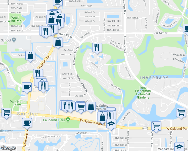 map of restaurants, bars, coffee shops, grocery stores, and more near 3841 Environ Boulevard in Lauderhill