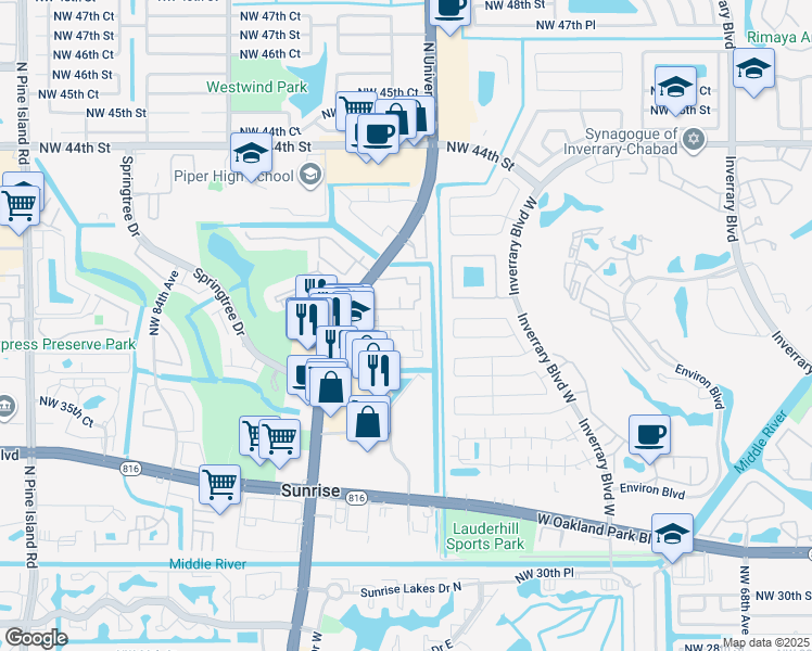 map of restaurants, bars, coffee shops, grocery stores, and more near 7755 Grande Street in Sunrise