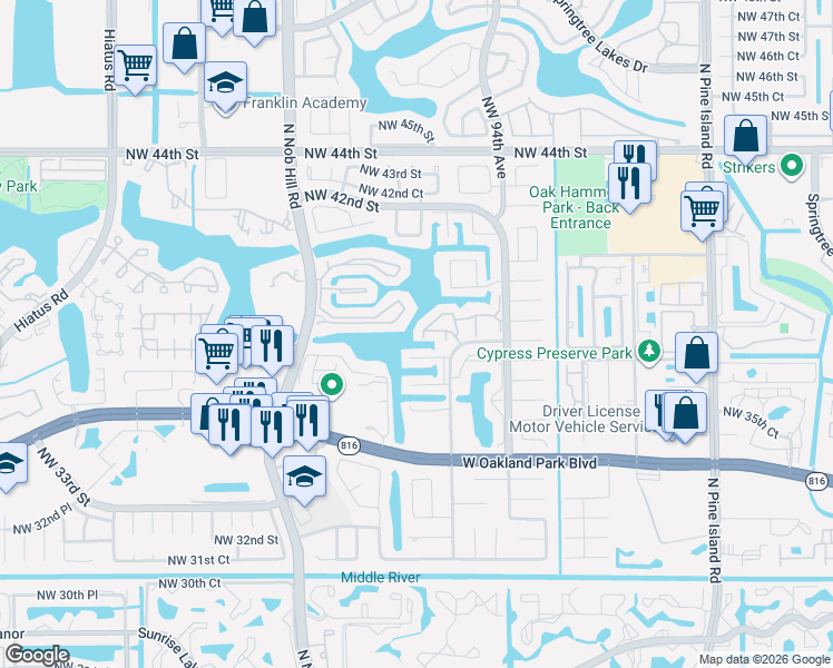 map of restaurants, bars, coffee shops, grocery stores, and more near 9535 Northwest 38th Place in Sunrise