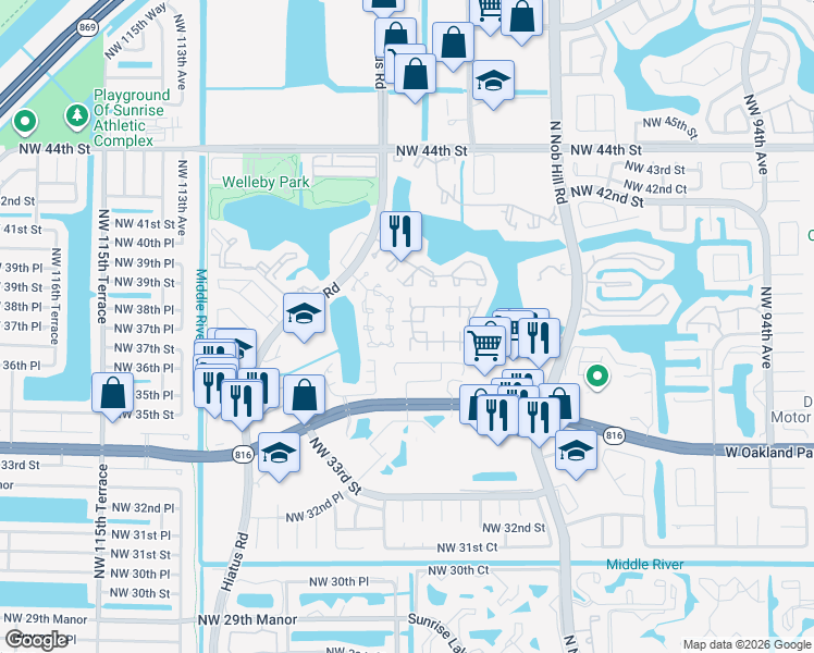 map of restaurants, bars, coffee shops, grocery stores, and more near 3756 Northwest 107th Way in Sunrise