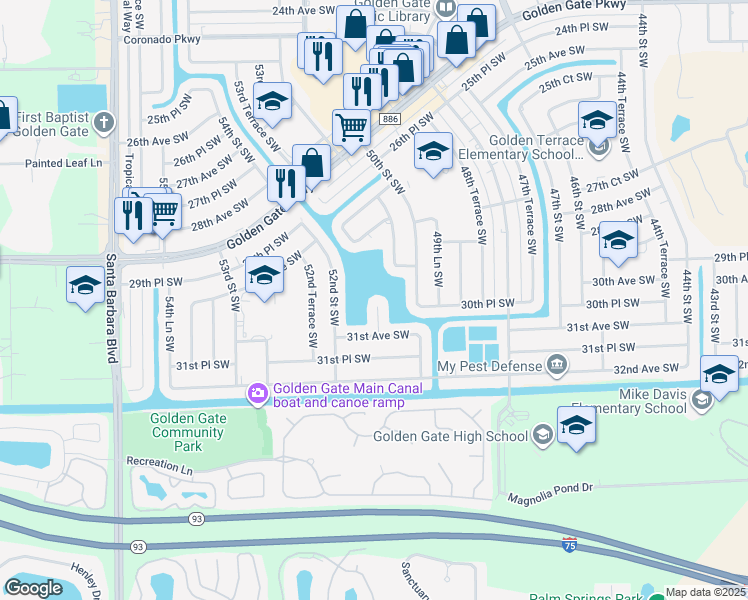 map of restaurants, bars, coffee shops, grocery stores, and more near 3065 50th Lane Southwest in Naples
