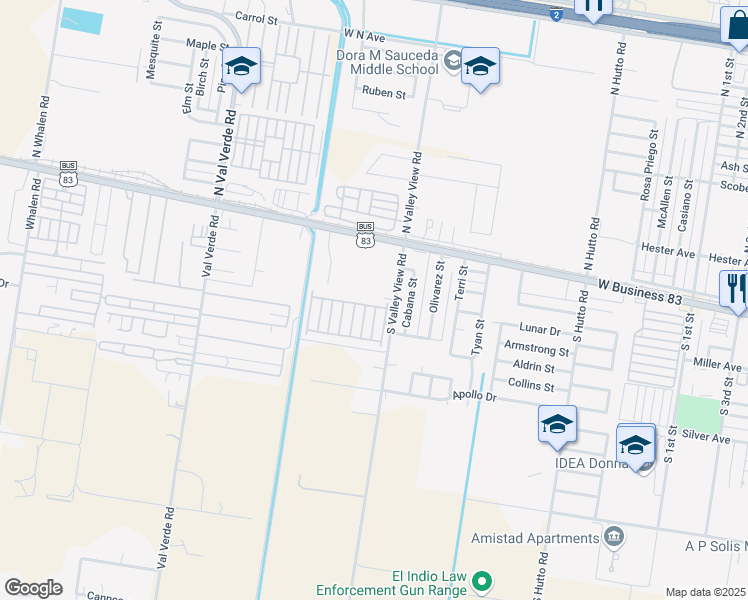 map of restaurants, bars, coffee shops, grocery stores, and more near 117 North Valley View Road in Donna