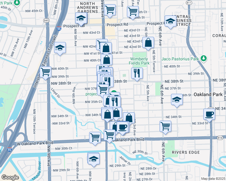 map of restaurants, bars, coffee shops, grocery stores, and more near 150 Northeast 38th Street in Oakland Park