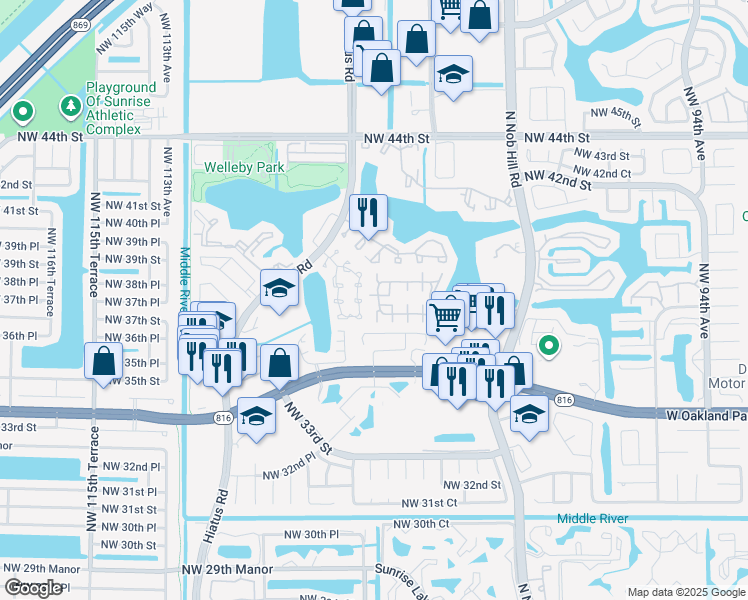 map of restaurants, bars, coffee shops, grocery stores, and more near 3756 Northwest 107th Way in Sunrise