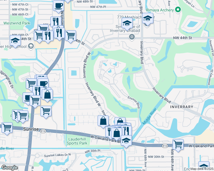 map of restaurants, bars, coffee shops, grocery stores, and more near 3841 Environ Boulevard in Lauderhill
