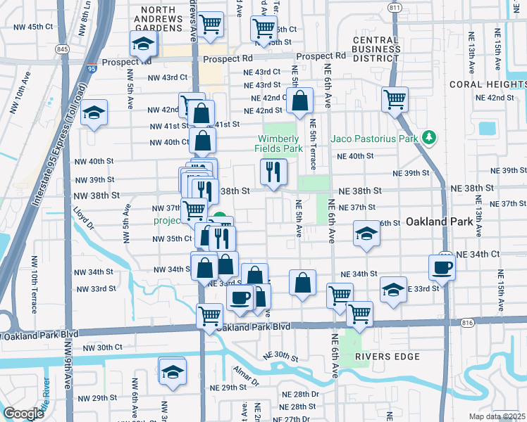 map of restaurants, bars, coffee shops, grocery stores, and more near 3600 Northeast 2nd Avenue in Oakland Park