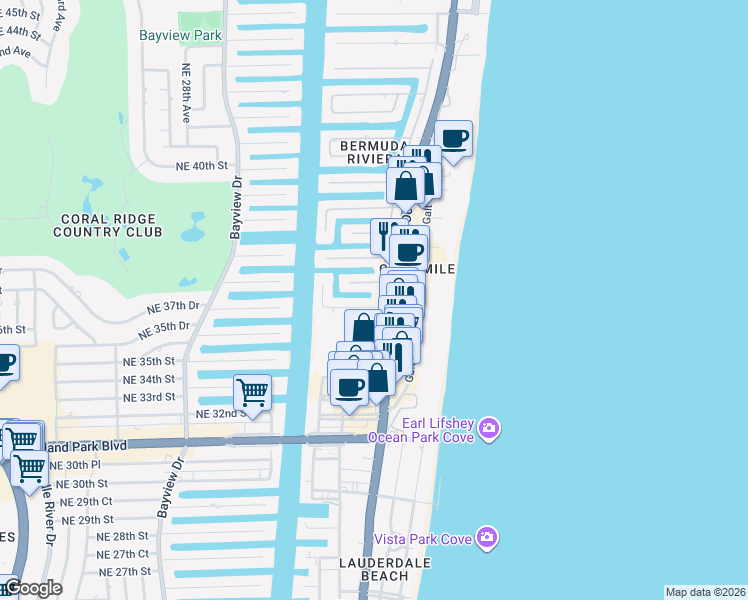 map of restaurants, bars, coffee shops, grocery stores, and more near 3623 North Ocean Boulevard in Fort Lauderdale