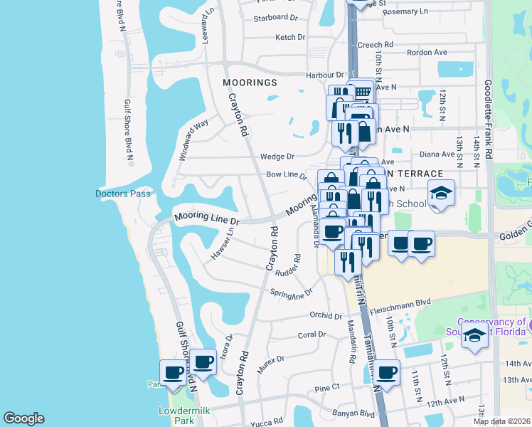 map of restaurants, bars, coffee shops, grocery stores, and more near 2225 Crayton Road in Naples