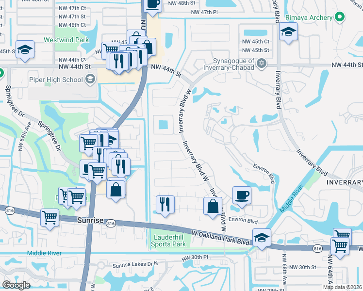 map of restaurants, bars, coffee shops, grocery stores, and more near 7361 Northwest 38th Court in Lauderhill