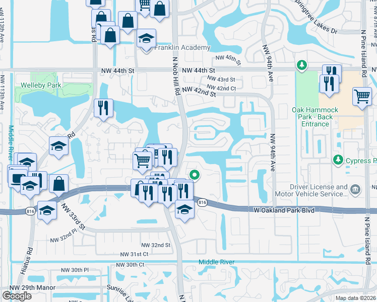 map of restaurants, bars, coffee shops, grocery stores, and more near 460 Nob Hill Court in Sunrise