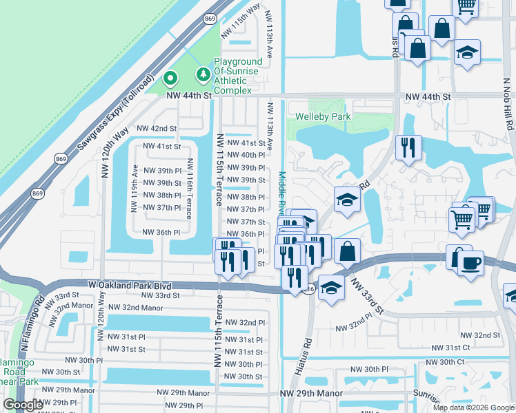 map of restaurants, bars, coffee shops, grocery stores, and more near 3810 Northwest 113th Terrace in Sunrise