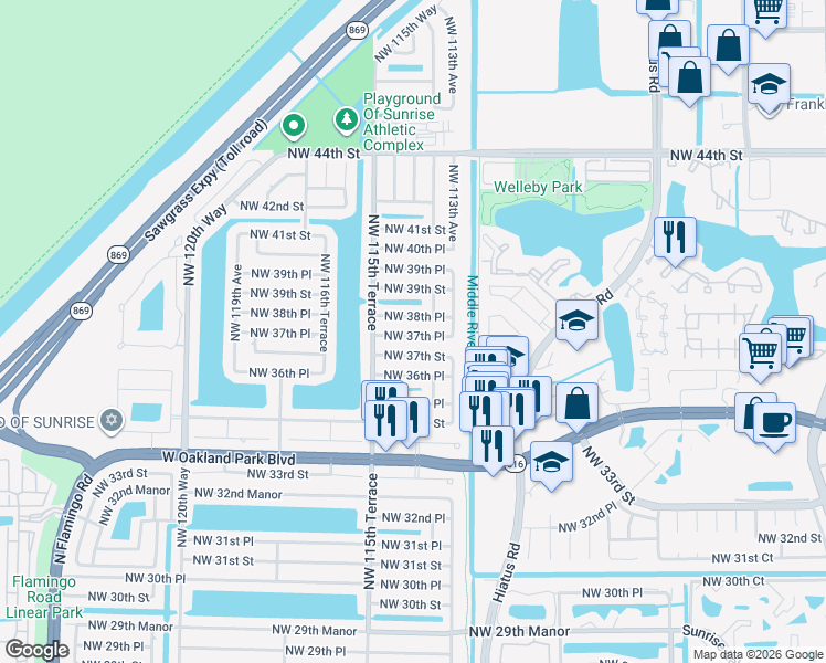map of restaurants, bars, coffee shops, grocery stores, and more near 11457 Northwest 38th Place in Sunrise