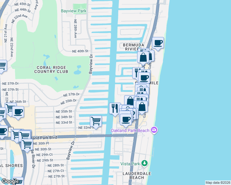 map of restaurants, bars, coffee shops, grocery stores, and more near 111 Northeast 32nd Avenue in Fort Lauderdale