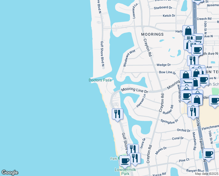 map of restaurants, bars, coffee shops, grocery stores, and more near 2200 Gulf Shore Boulevard North in Naples