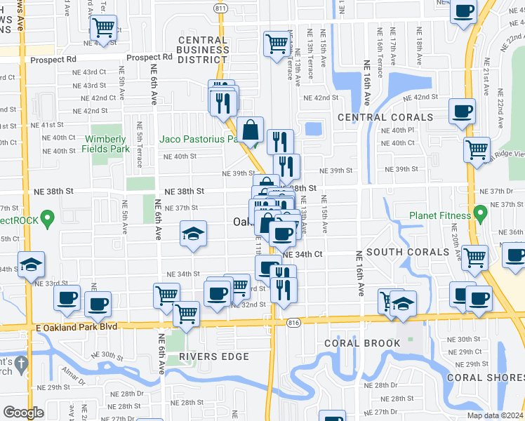 map of restaurants, bars, coffee shops, grocery stores, and more near 3684 Northeast 11th Avenue in Oakland Park