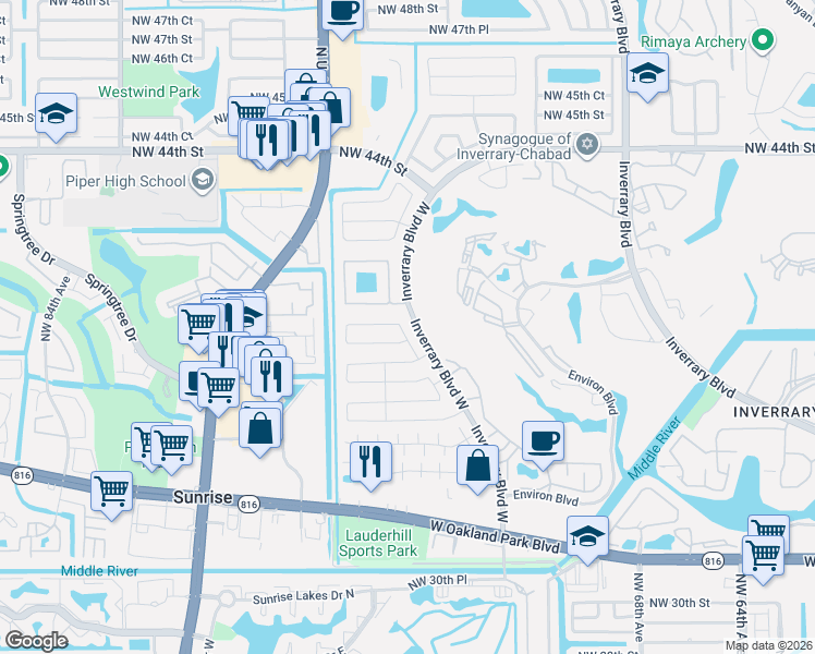 map of restaurants, bars, coffee shops, grocery stores, and more near 7361 Northwest 38th Court in Lauderhill