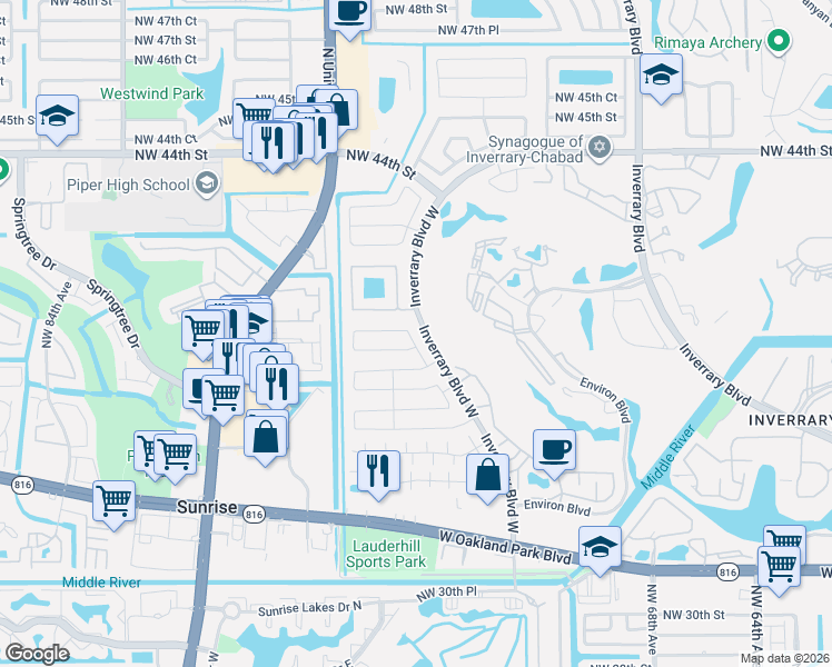 map of restaurants, bars, coffee shops, grocery stores, and more near 3750 Northwest 73rd Avenue in Lauderhill