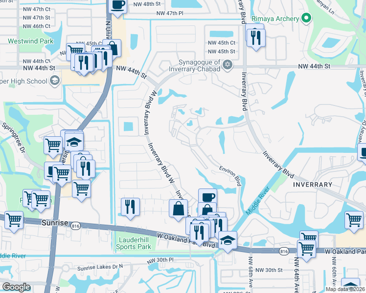 map of restaurants, bars, coffee shops, grocery stores, and more near 3821 Environ Boulevard in Lauderhill