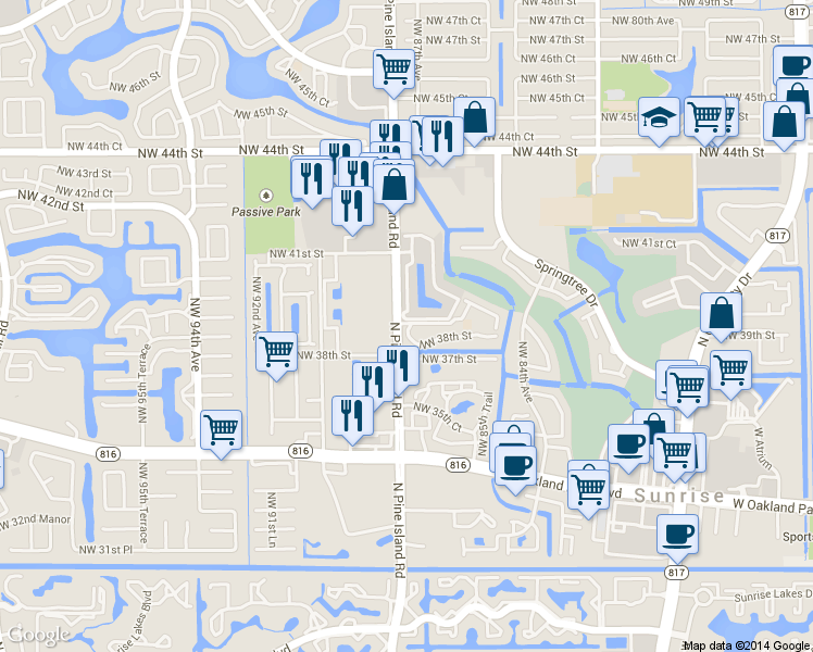 map of restaurants, bars, coffee shops, grocery stores, and more near 3891 North Pine Island Road in Sunrise