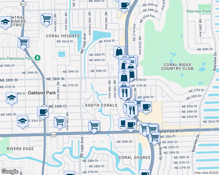 map of restaurants, bars, coffee shops, grocery stores, and more near 1777 Northeast 37th Street in Oakland Park