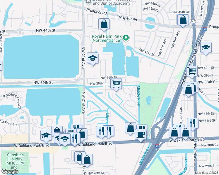 map of restaurants, bars, coffee shops, grocery stores, and more near 1778 Northwest 38th Street in Oakland Park