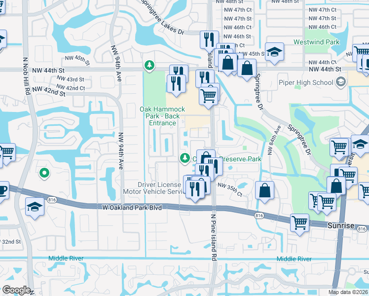 map of restaurants, bars, coffee shops, grocery stores, and more near 3871 North Pine Island Road in Sunrise