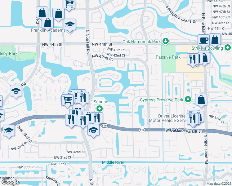 map of restaurants, bars, coffee shops, grocery stores, and more near 580 Nob Hill Court in Sunrise