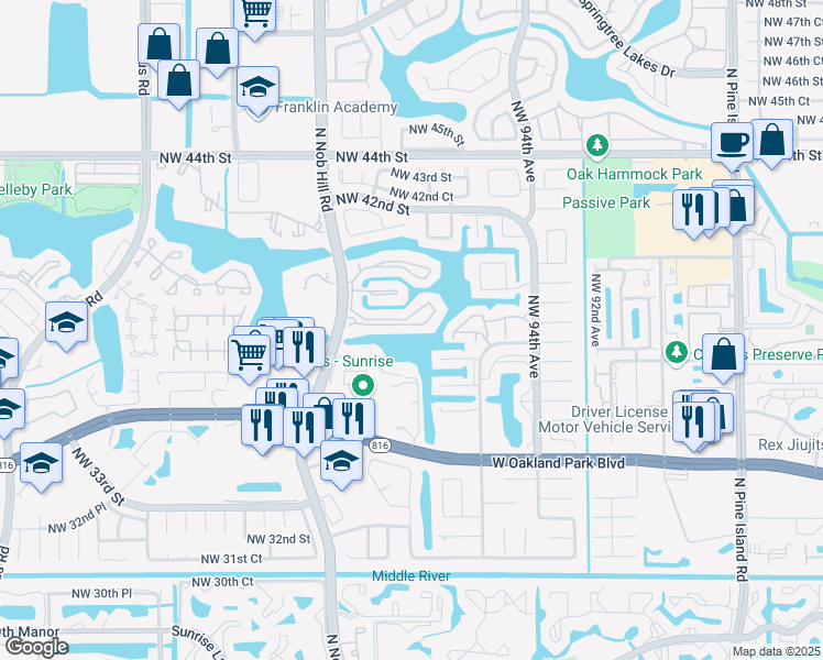 map of restaurants, bars, coffee shops, grocery stores, and more near 580 Nob Hill Court in Sunrise