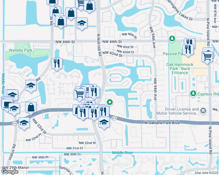 map of restaurants, bars, coffee shops, grocery stores, and more near 460 Nob Hill Court in Sunrise