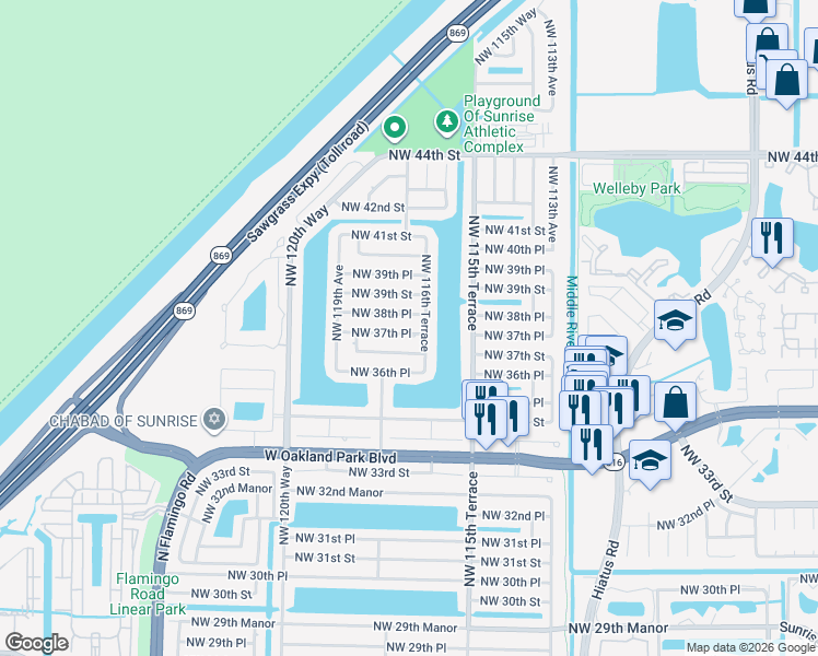 map of restaurants, bars, coffee shops, grocery stores, and more near 11651 Northwest 38th Place in Sunrise