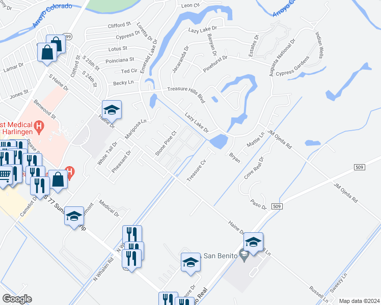 map of restaurants, bars, coffee shops, grocery stores, and more near 2901 Haine Drive in Harlingen