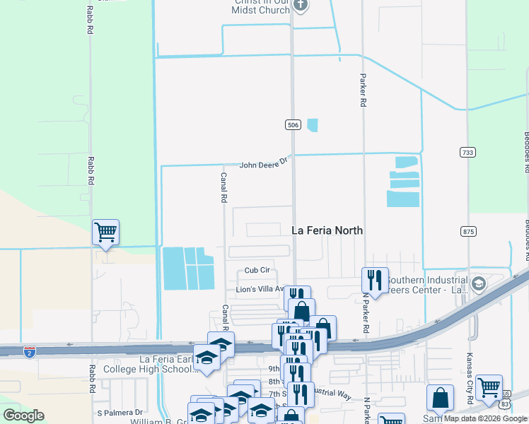 map of restaurants, bars, coffee shops, grocery stores, and more near 200 Fleetwood Avenue in La Feria