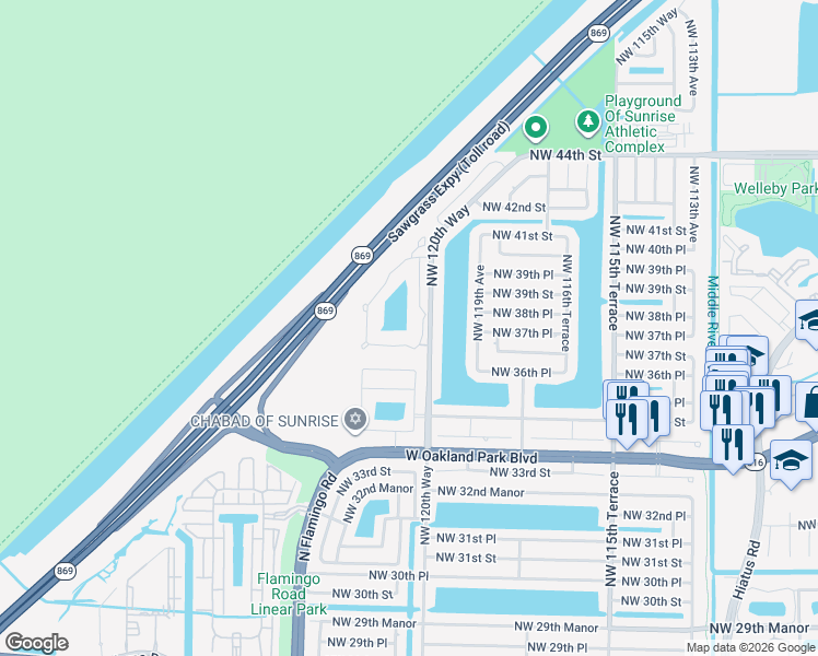 map of restaurants, bars, coffee shops, grocery stores, and more near 3715 Northwest 121st Avenue in Sunrise