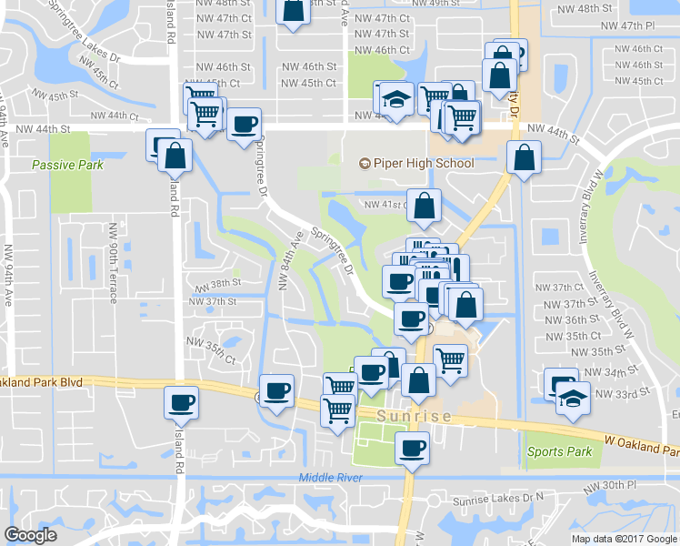 map of restaurants, bars, coffee shops, grocery stores, and more near 8289 Northwest 36th Street in Sunrise